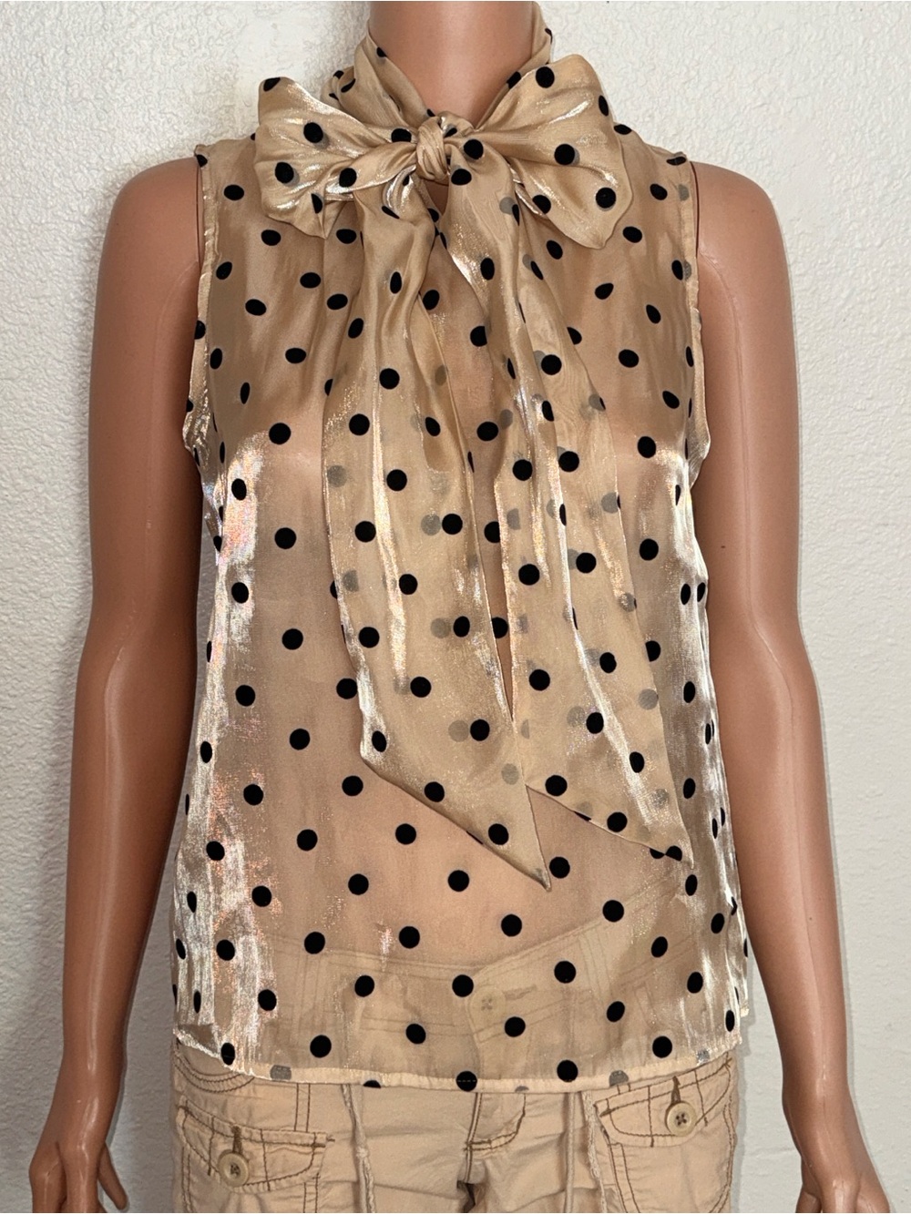 Joie Champagne Metallic Sheer Polka Dot Pussybow Blouse